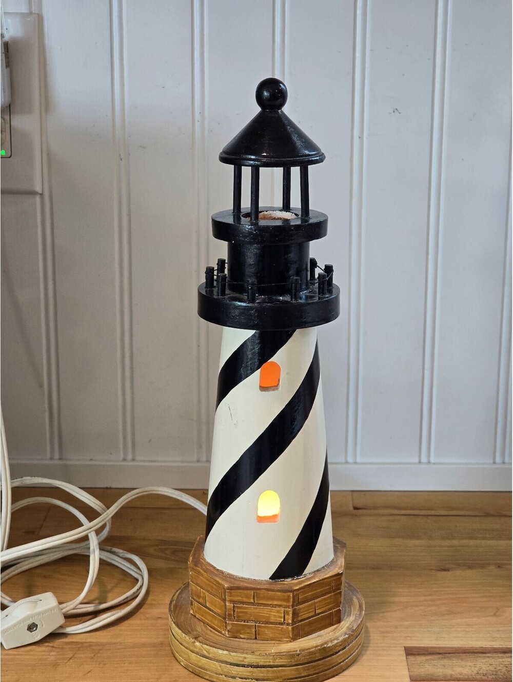 Vintage Black and White Striped Wooden Lighthouse Table Lamp with Base